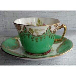 Vintage EB Foley Bone China Tea Cup and Saucer | Roses Green Gold | Collectible
